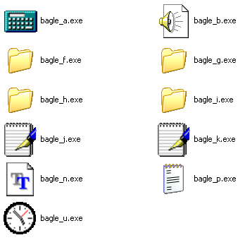 Bagle.A has a calculator icon, Bagle.B looks like an audio file, Bagle.F,G,H and I are like a folder, Bagle.J and K are like a WordPad document, Bagle.N is like a TrueType font, Bagle.P is like a Notepad document and Bagle.U has a clock icon.
